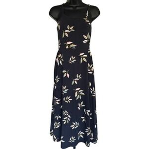 Pact Organic Fit & Flare Shorty Midi Dress Golden Hour Leaves Floral Sz S Blue